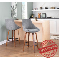 Lumisource B26-DIANACOR GRTQ WLGY2 Diana Contemporary Counter Stool in Walnut Wood and Grey Corduroy with Black Round Footrest - Set of 2